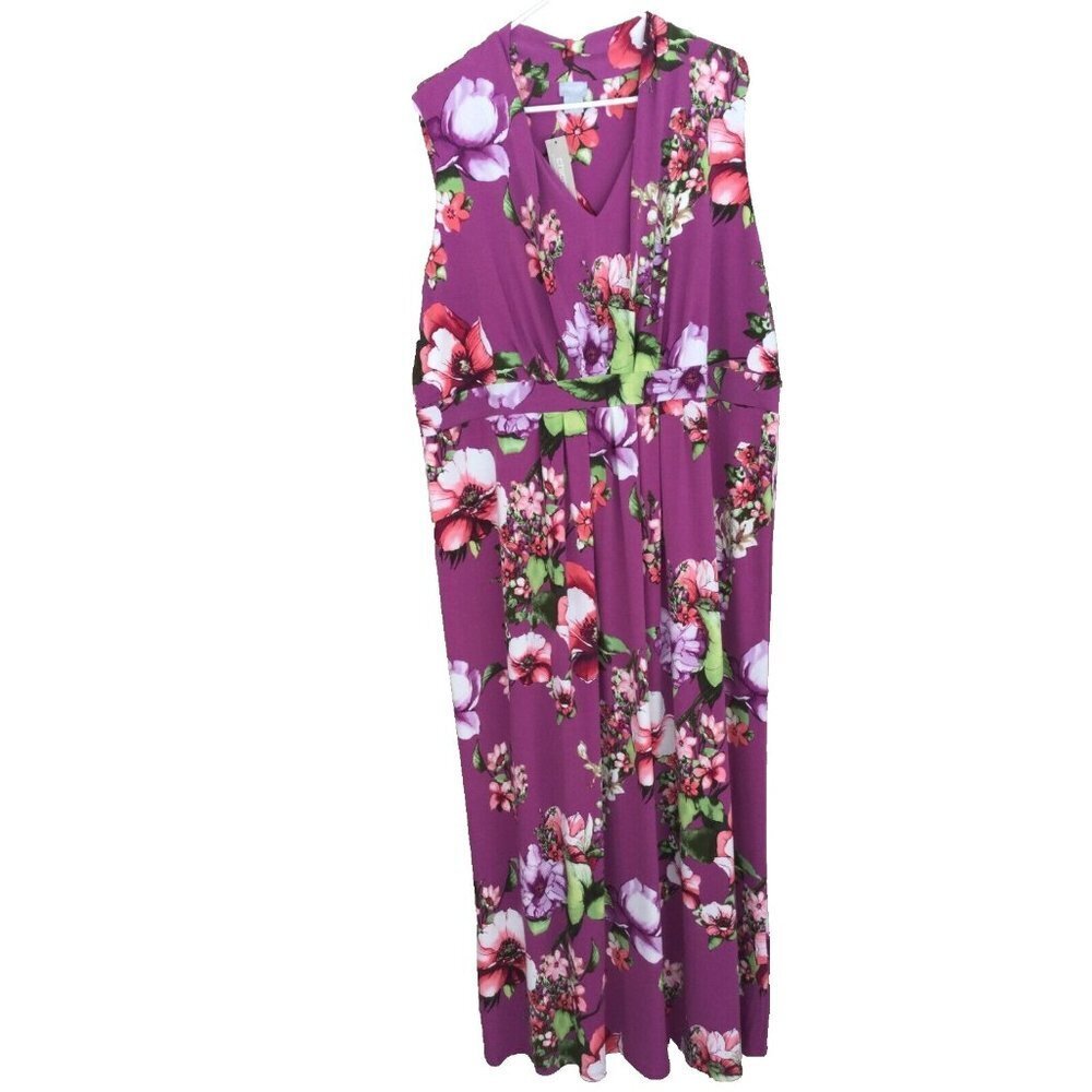 Chico’s Purple Floral Maxi Dress Summer Sleeveless Size 22 V-Neck Long Knit NEW